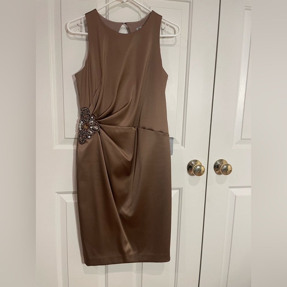 Eliza J. Hazelnut sleeveless Cocktail Dress with beaded accent at waist